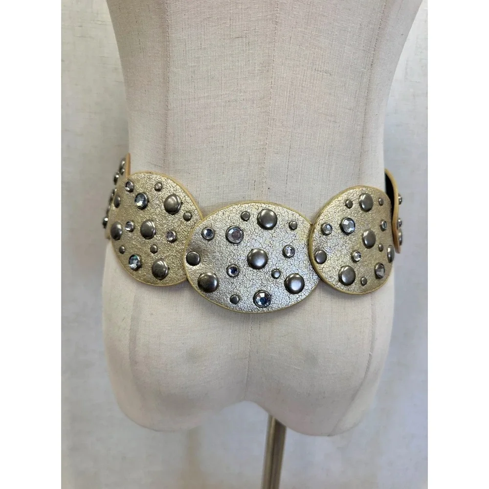 Concho Disc Belt Moroccan Style Gold Large/XL Rhinestone Studded Boho Wide‎ Y2K